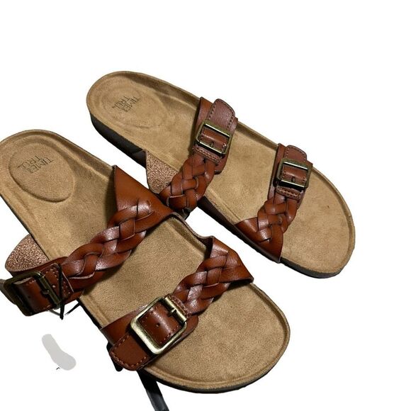 Time and Tru Shoes - TIME & TRU Womens Brown Braided Leather Footbed Slides Slip On Sandals Size 10M